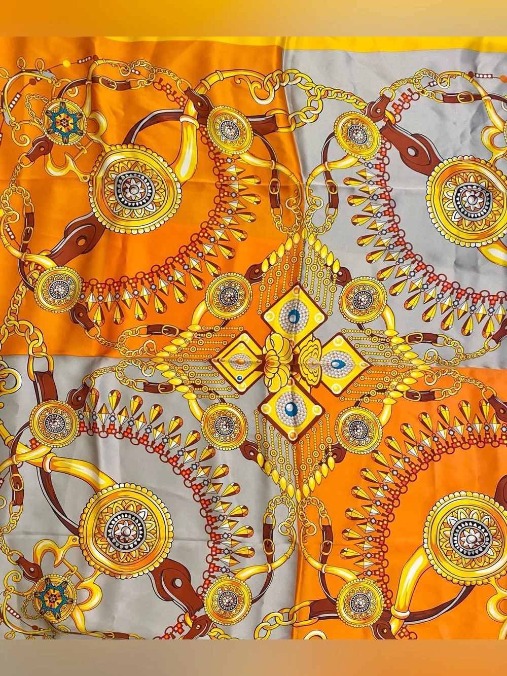 Wensli Vibrant Orange & Gold Patterned Silk Scarf NWT!